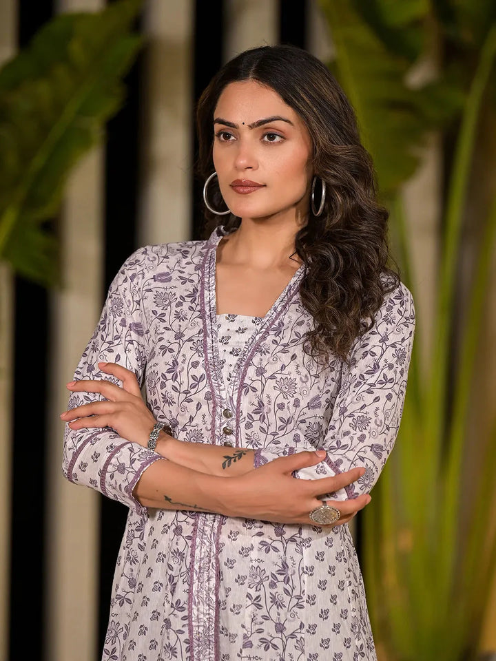 Purple Floral Print Kantha Work A Line Dress