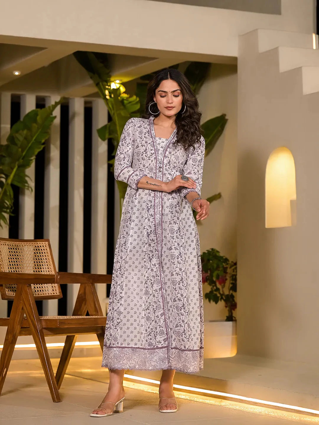 Purple Floral Print Kantha Work A Line Dress