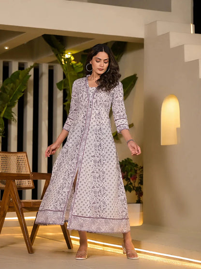 Purple Floral Print Kantha Work A Line Dress