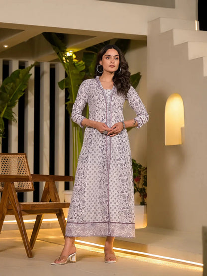 Purple Floral Print Kantha Work A Line Dress