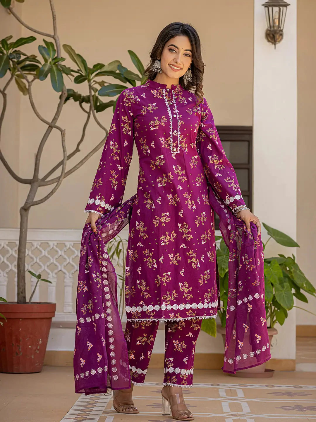 Purple Floral Print Straight Pakistani Style Kurta Trouser And Dupatta Set