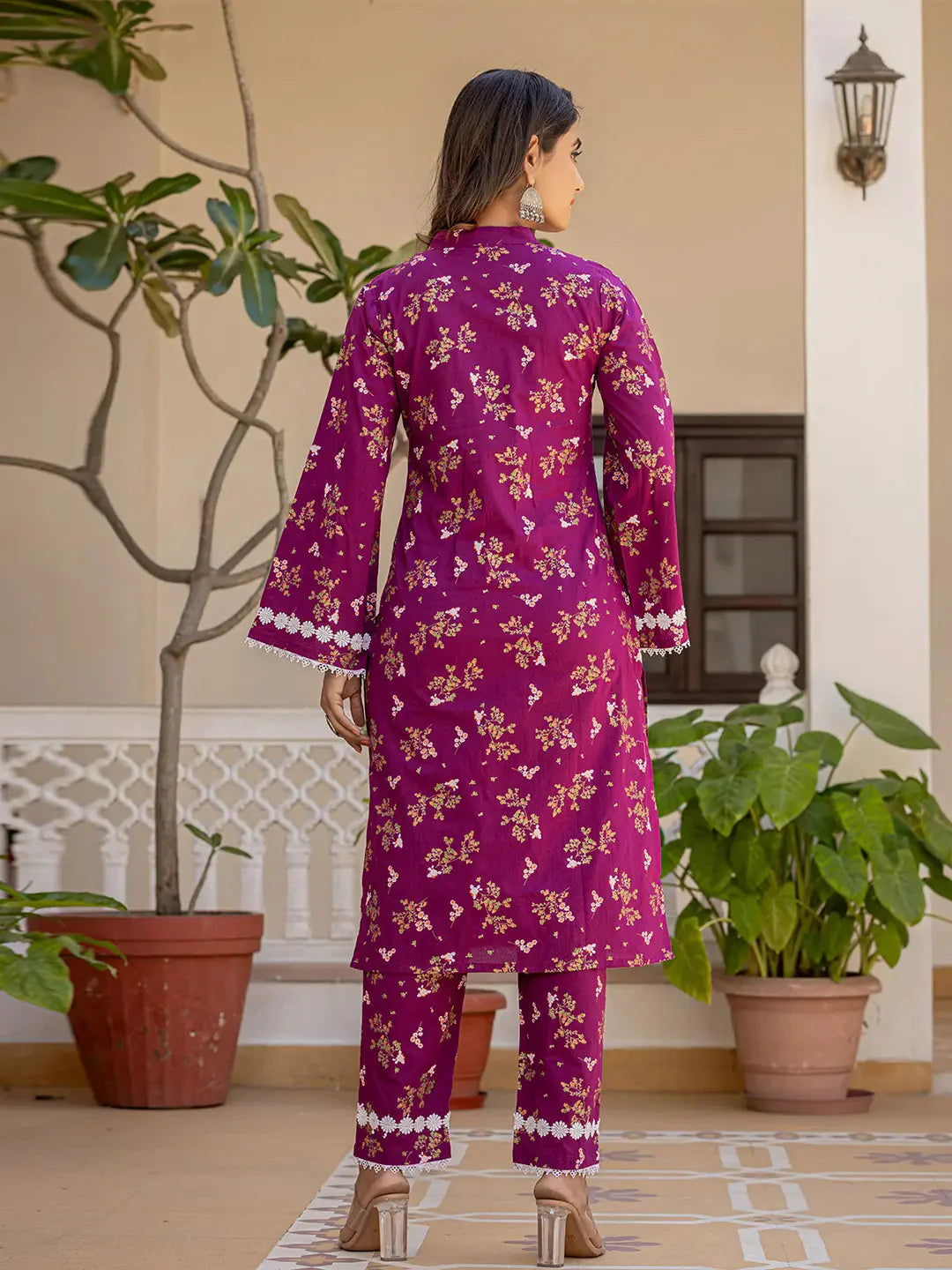 Purple Floral Print Straight Pakistani Style Kurta Trouser And Dupatta Set