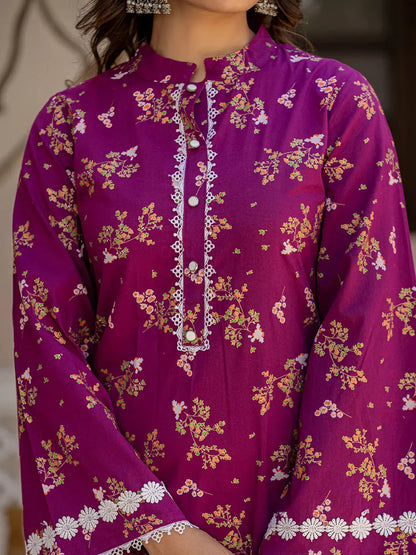 Purple Floral Print Straight Pakistani Style Kurta Trouser And Dupatta Set