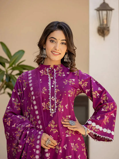 Purple Floral Print Straight Pakistani Style Kurta Trouser And Dupatta Set