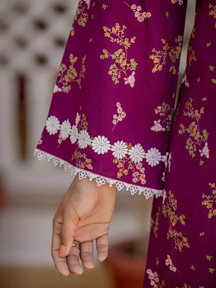 Purple Floral Print Straight Pakistani Style Kurta Trouser And Dupatta Set