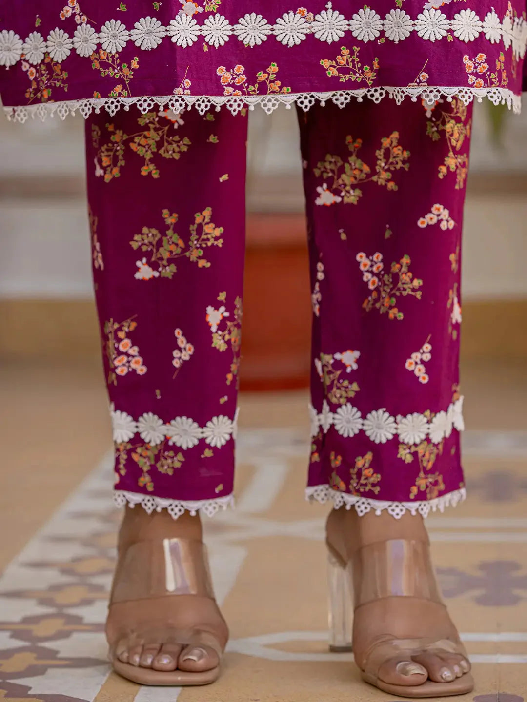 Purple Floral Print Straight Pakistani Style Kurta Trouser And Dupatta Set