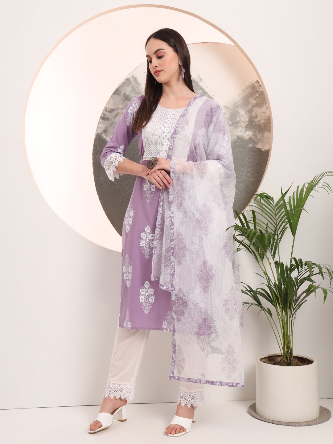 Purple Floral Printed Straight Kurta Trouser Dupatta Set