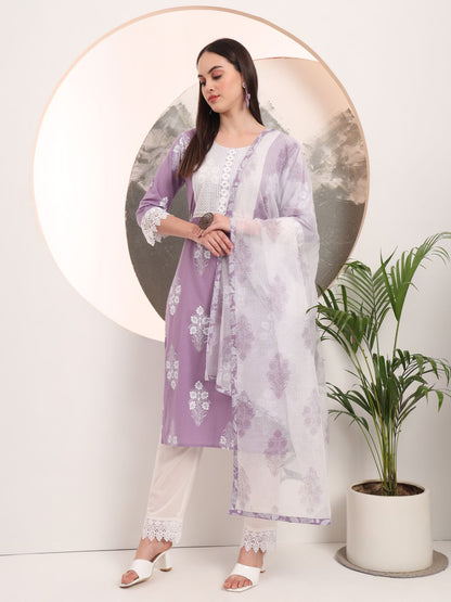 Purple Floral Printed Straight Kurta Trouser Dupatta Set