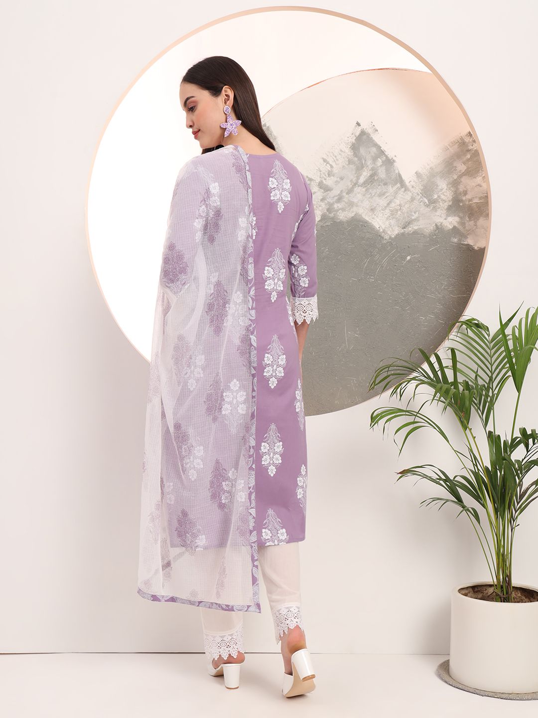 Purple Floral Printed Straight Kurta Trouser Dupatta Set