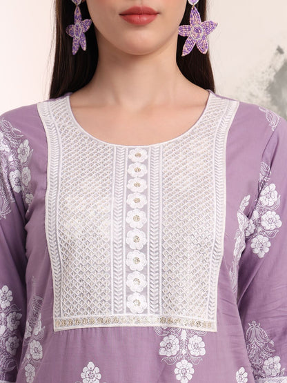 Purple Floral Printed Straight Kurta Trouser Dupatta Set