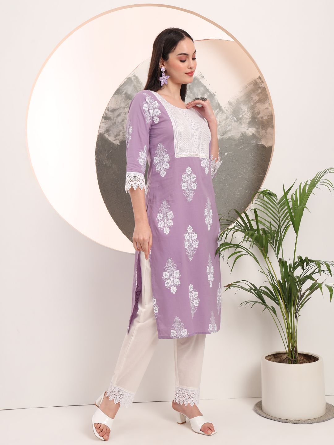 Purple Floral Printed Straight Kurta Trouser Dupatta Set