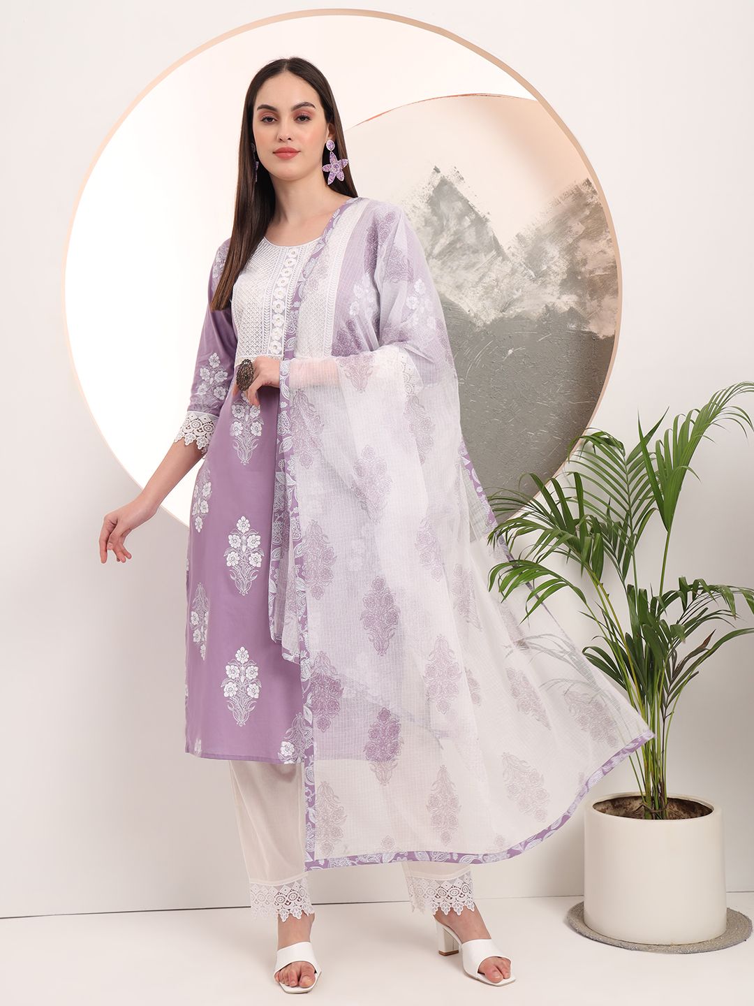 Purple Floral Printed Straight Kurta Trouser Dupatta Set