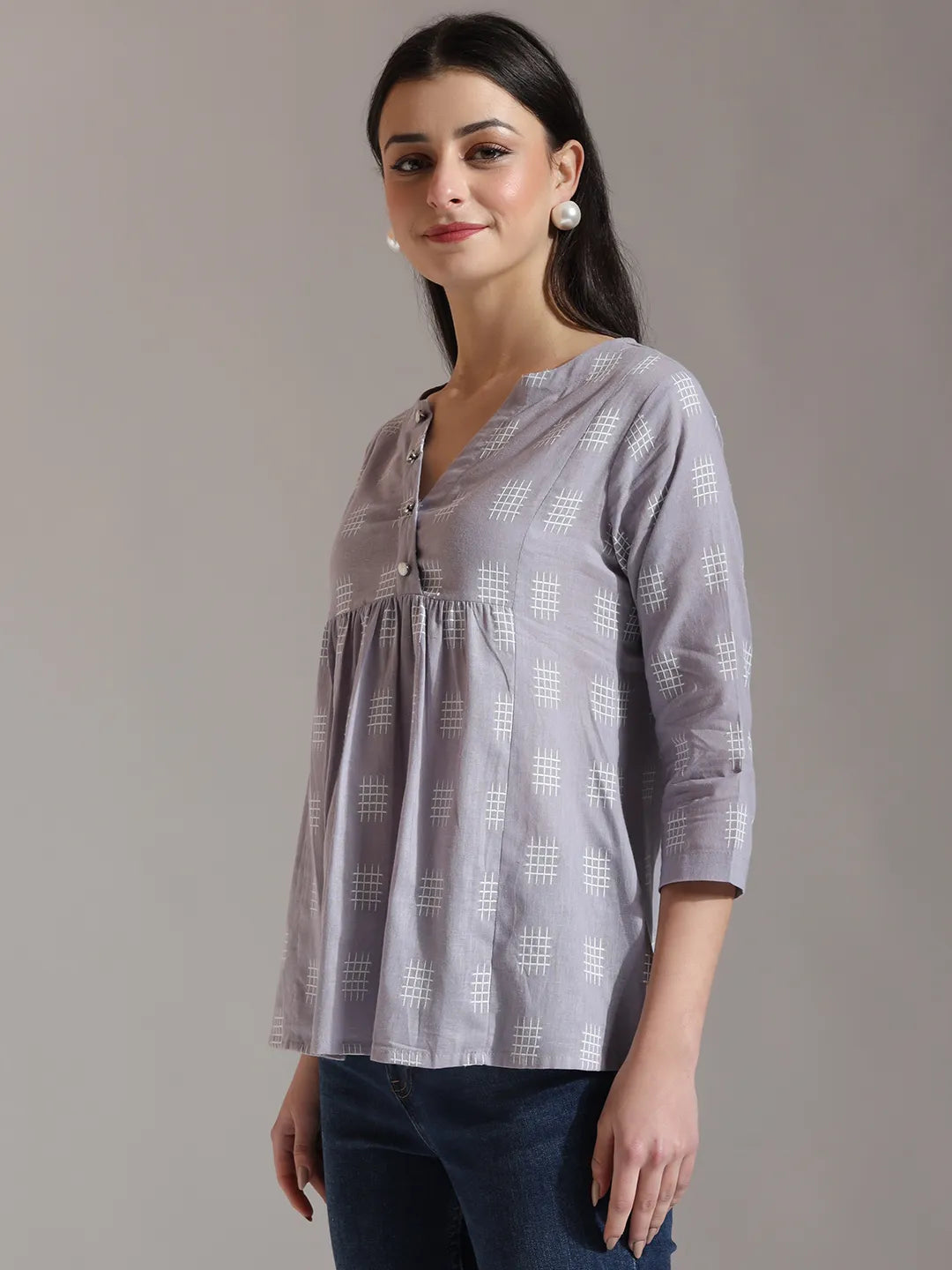 Purple Handloom Cotton Gathered Or Pleated Top