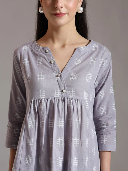 Purple Handloom Cotton Gathered Or Pleated Top