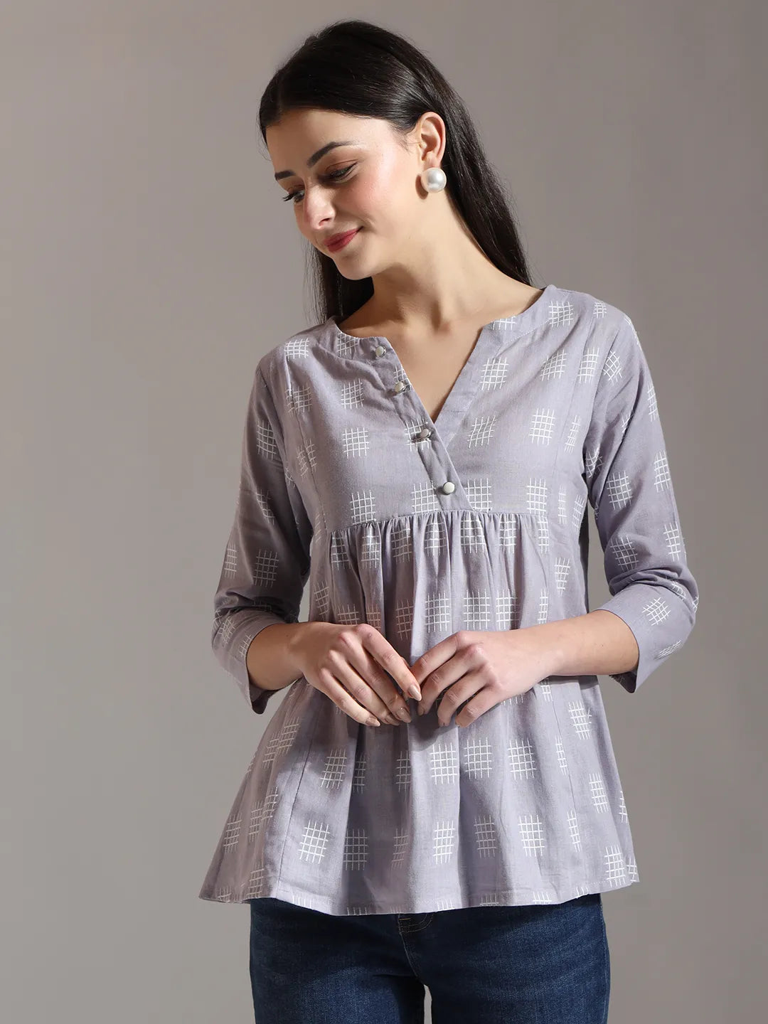 Purple Handloom Cotton Gathered Or Pleated Top