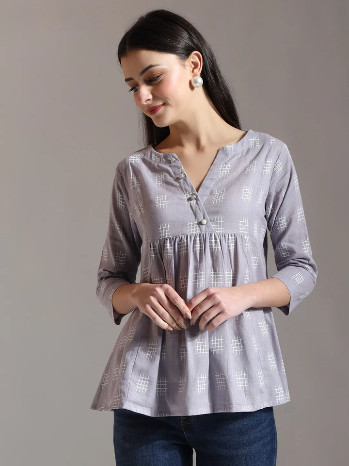 Purple Handloom Cotton Gathered Or Pleated Top