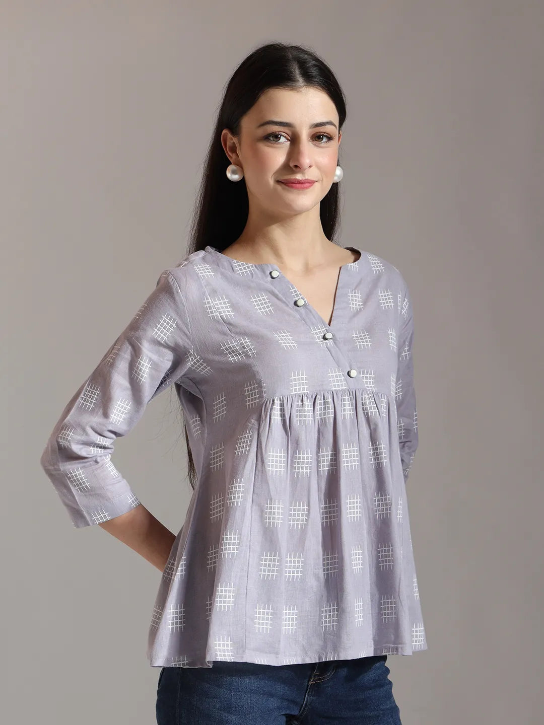 Purple Handloom Cotton Gathered Or Pleated Top