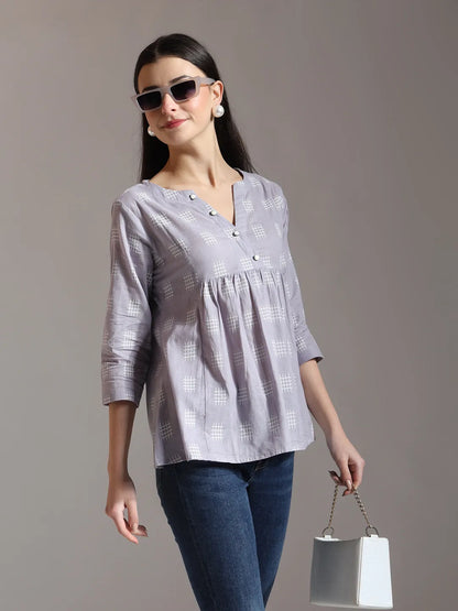 Purple Handloom Cotton Gathered Or Pleated Top