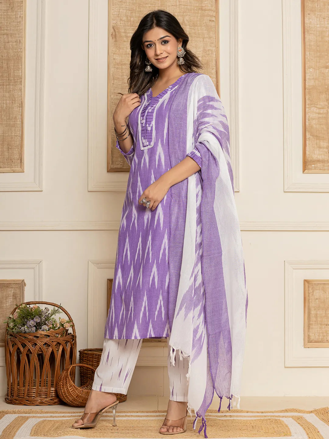 Purple Ikat Print Straight Strappy Kurta Trouser And Dupatta Set