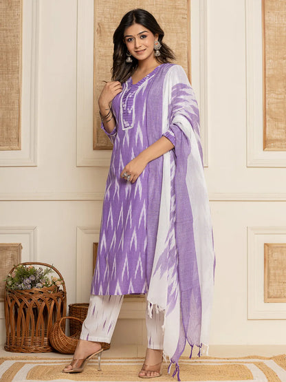 Purple Ikat Print Straight Strappy Kurta Trouser And Dupatta Set