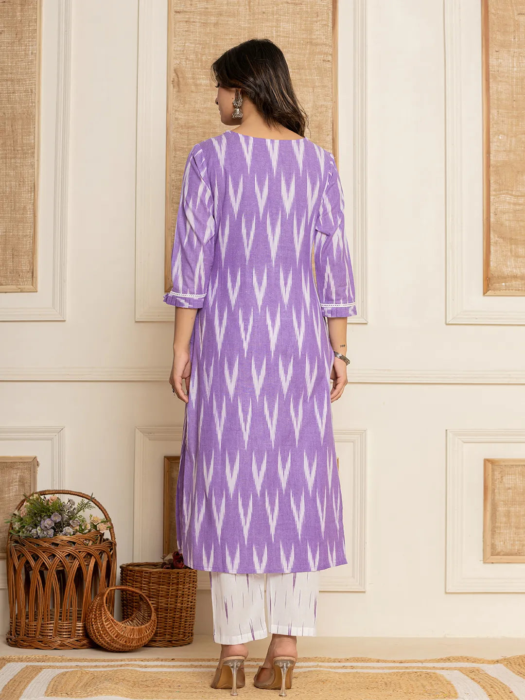 Purple Ikat Print Straight Strappy Kurta Trouser And Dupatta Set