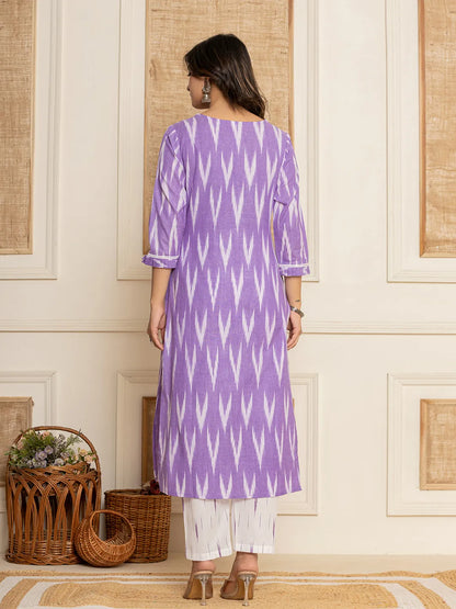 Purple Ikat Print Straight Strappy Kurta Trouser And Dupatta Set