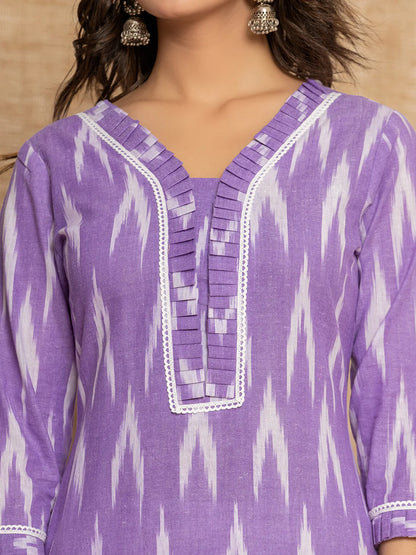 Purple Ikat Print Straight Strappy Kurta Trouser And Dupatta Set