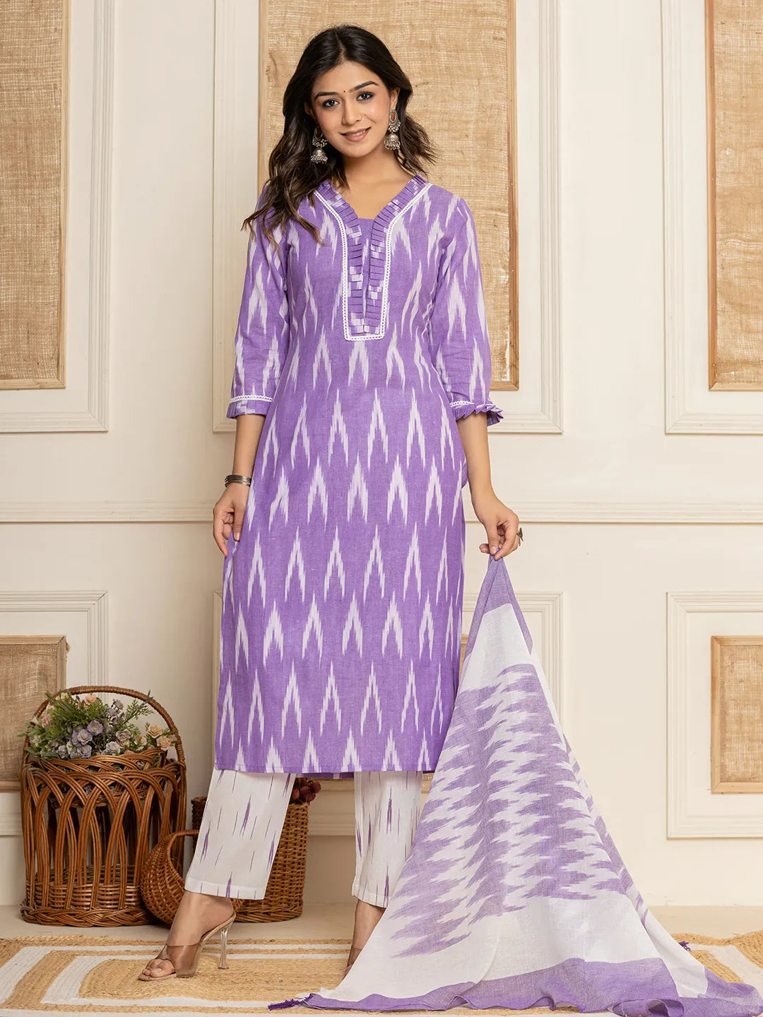 Purple Ikat Print Straight Strappy Kurta Trouser And Dupatta Set