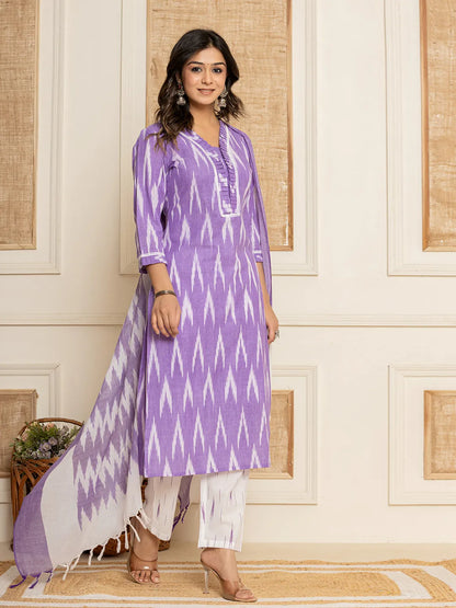 Purple Ikat Print Straight Strappy Kurta Trouser And Dupatta Set