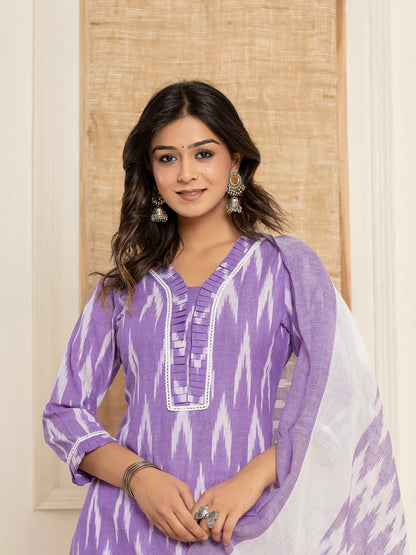 Purple Ikat Print Straight Strappy Kurta Trouser And Dupatta Set