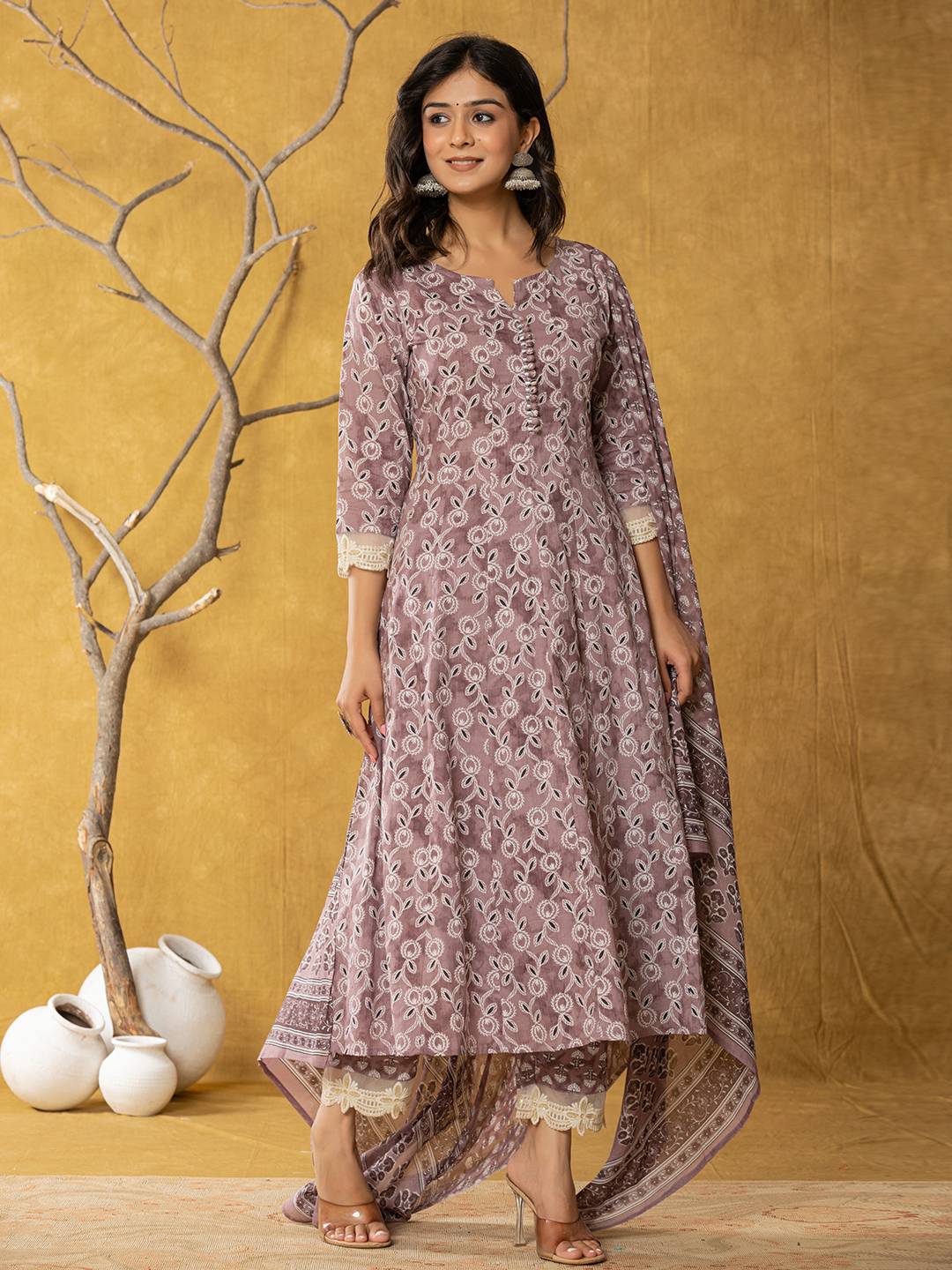 Purple Lace Work Cotton Anarkali Kurta &amp; Trouser Dupatta Set