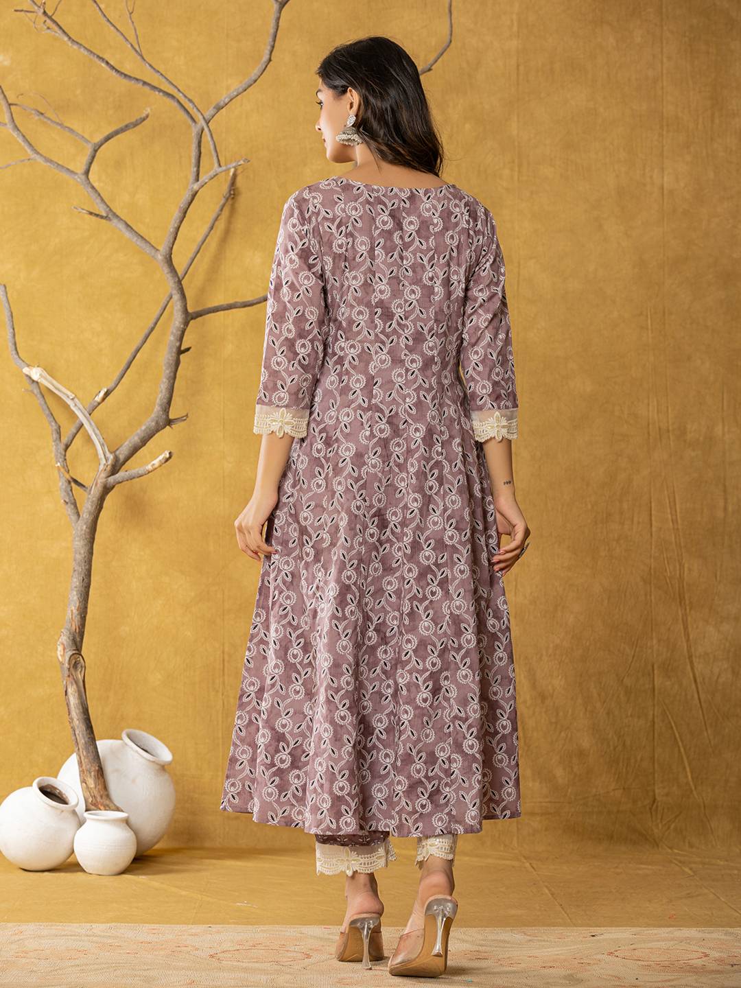 Purple Lace Work Cotton Anarkali Kurta & Trouser Dupatta Set