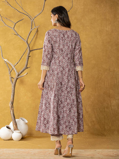 Purple Lace Work Cotton Anarkali Kurta & Trouser Dupatta Set