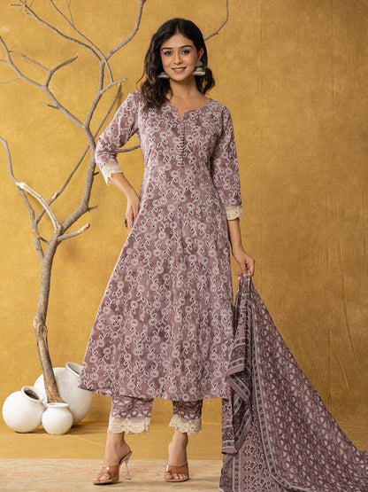 Purple Lace Work Cotton Anarkali Kurta & Trouser Dupatta Set