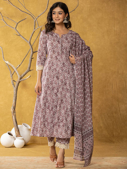 Purple Lace Work Cotton Anarkali Kurta & Trouser Dupatta Set