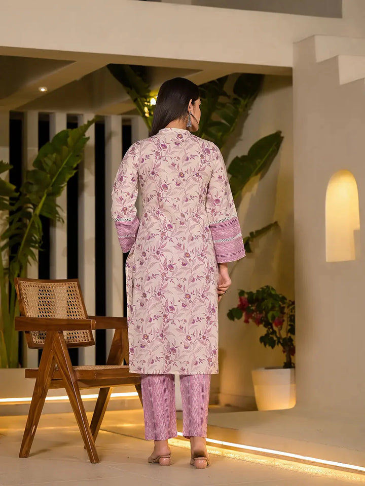 Purple Leaf Print Cotton Pakistani Style Kurta With Trousers With Dupatta Set