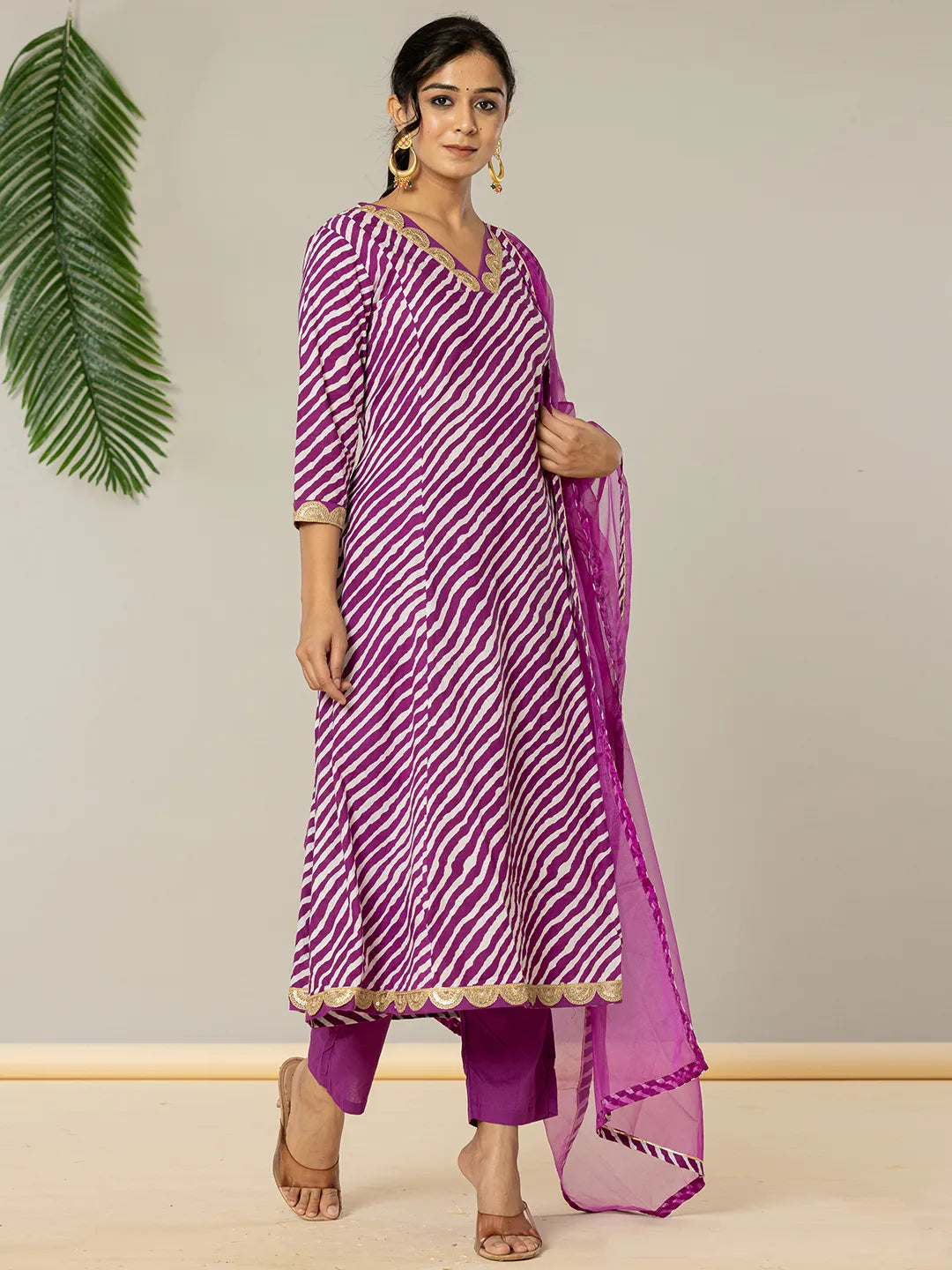 Purple Leheriya Print Cotton A Line Suit Set