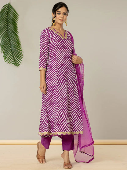 Purple Leheriya Print Cotton A Line Suit Set