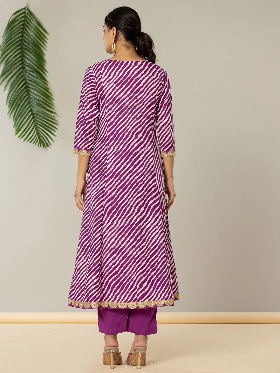 Purple Leheriya Print Cotton A Line Suit Set