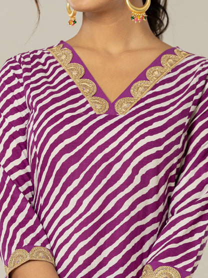Purple Leheriya Print Cotton A Line Suit Set