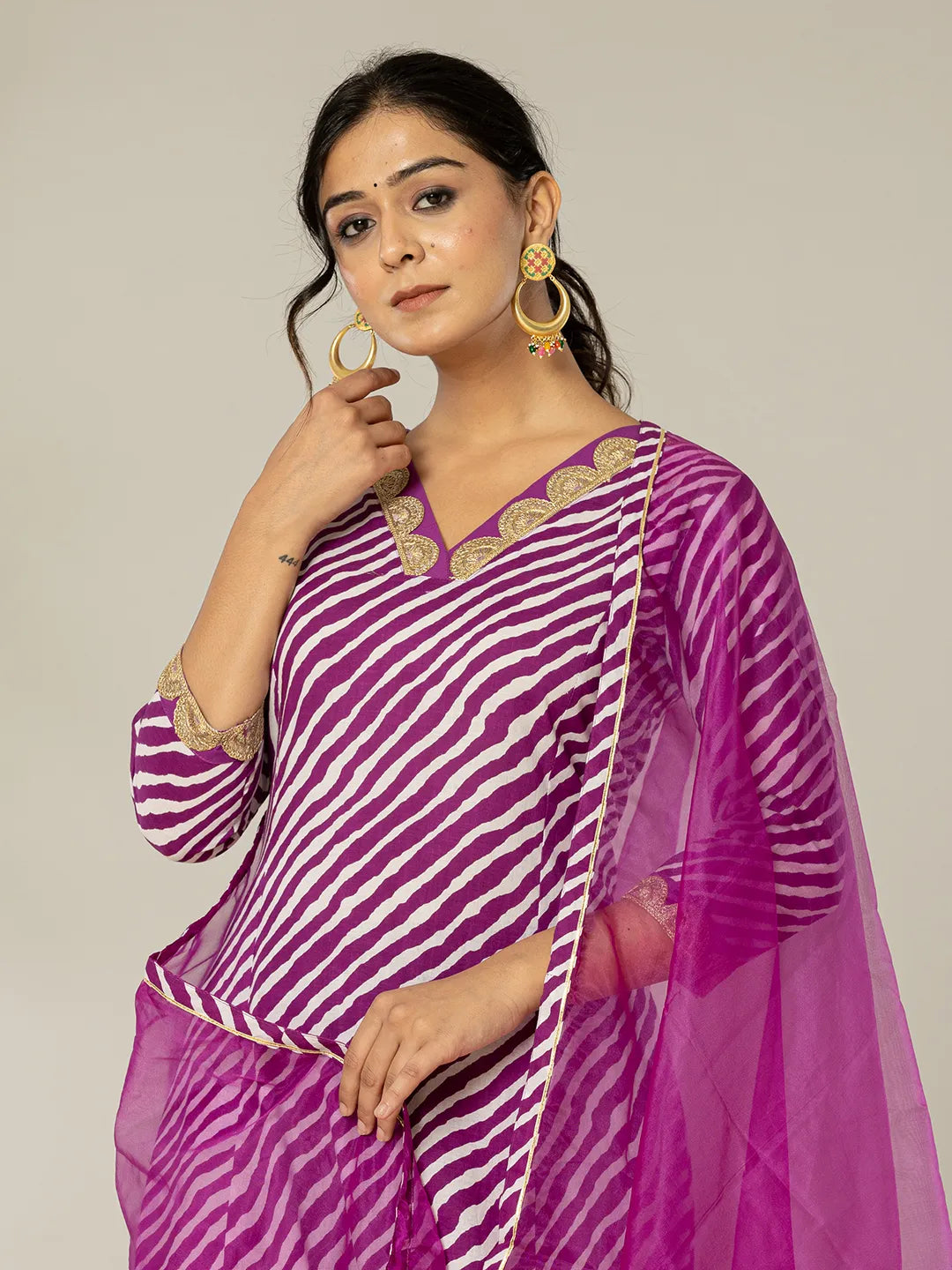 Purple Leheriya Print Cotton A Line Suit Set