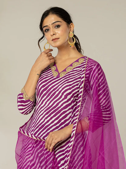 Purple Leheriya Print Cotton A Line Suit Set