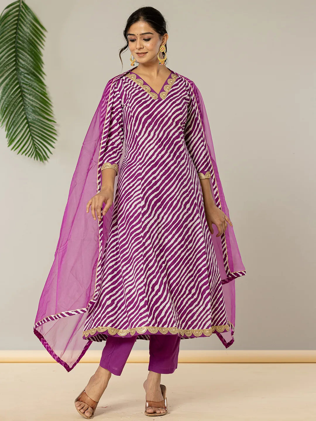 Purple Leheriya Print Cotton A Line Suit Set