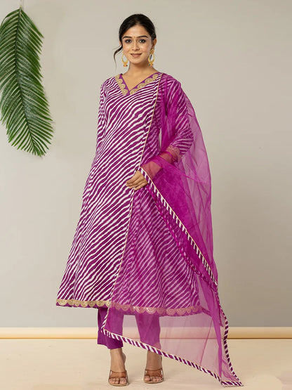 Purple Leheriya Print Cotton A Line Suit Set