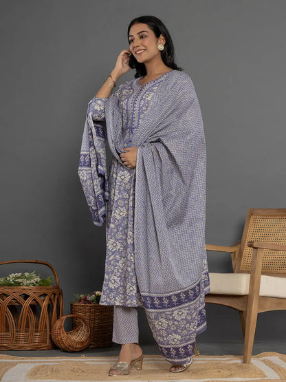 Purple Mirror Work Cotton Anarkali Kurta Dupatta Set