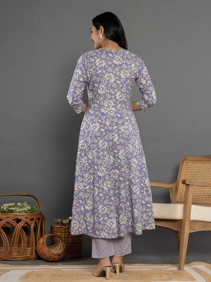 Purple Mirror Work Cotton Anarkali Kurta Dupatta Set