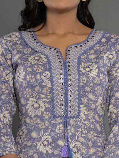 Purple Mirror Work Cotton Anarkali Kurta Dupatta Set