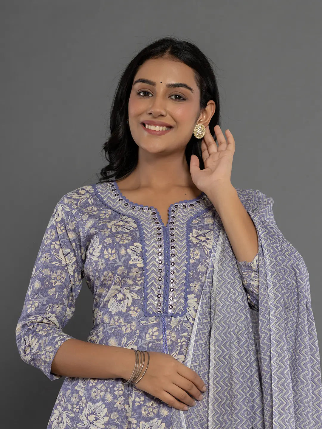 Purple Mirror Work Cotton Anarkali Kurta Dupatta Set