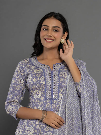 Purple Mirror Work Cotton Anarkali Kurta Dupatta Set