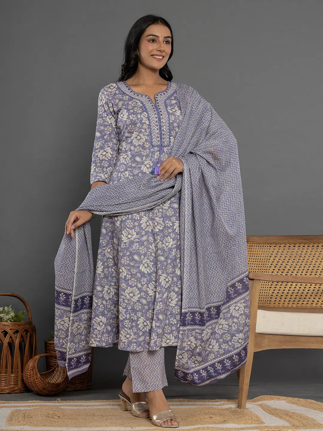 Purple Mirror Work Cotton Anarkali Kurta Dupatta Set